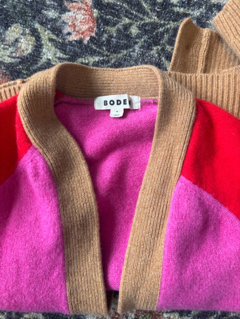 Boden Colorblock Pink Red Tan Wool Blend Cardigan - Picture 2 of 3